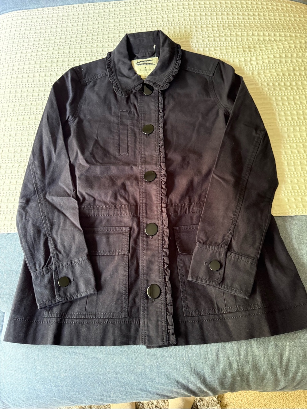 kate spade Black Ruffle-Trim Button Front Trench Coat